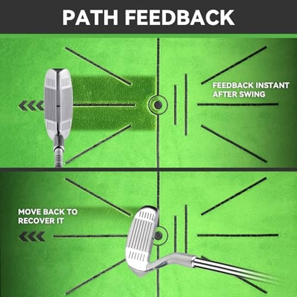 Golf swing path feedback mat with club strike arrows and feedback display layout