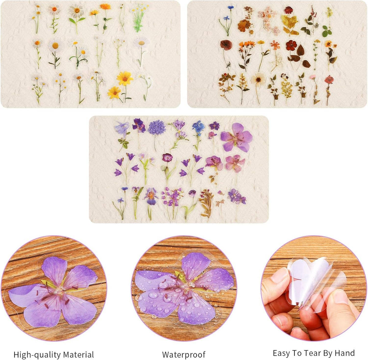 Sheet of assorted flower stickers with mixed daisies, blossoms, and small wildflowers