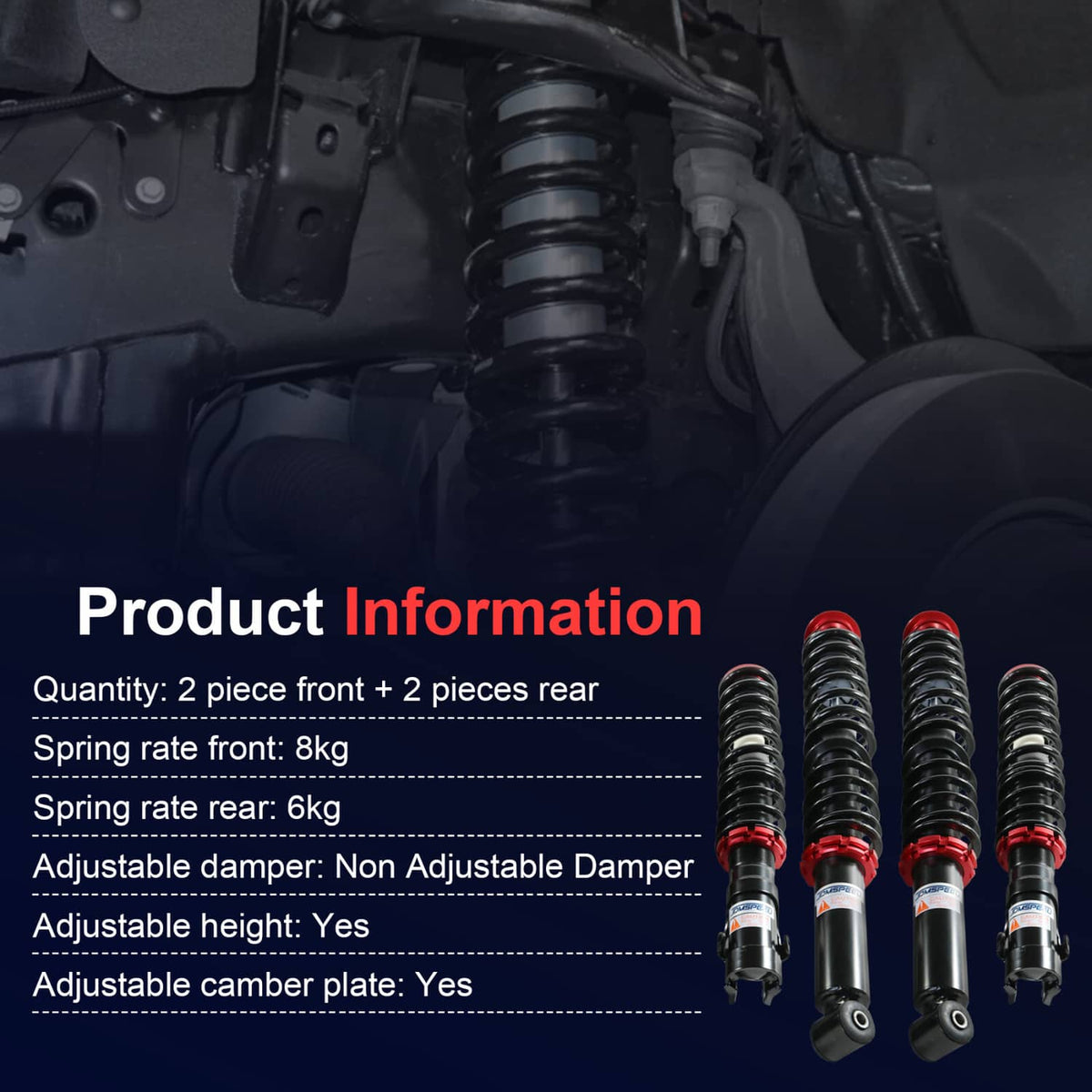 Coilover strut set with black springs and red adjuster collars on vehicle suspension