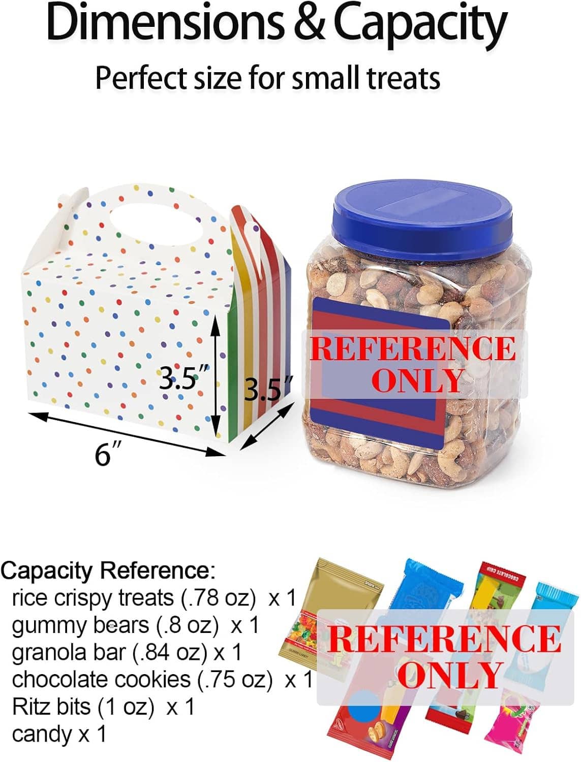 Kids favor boxes with polka dot panels and rainbow striped sides, plus size comparison.
