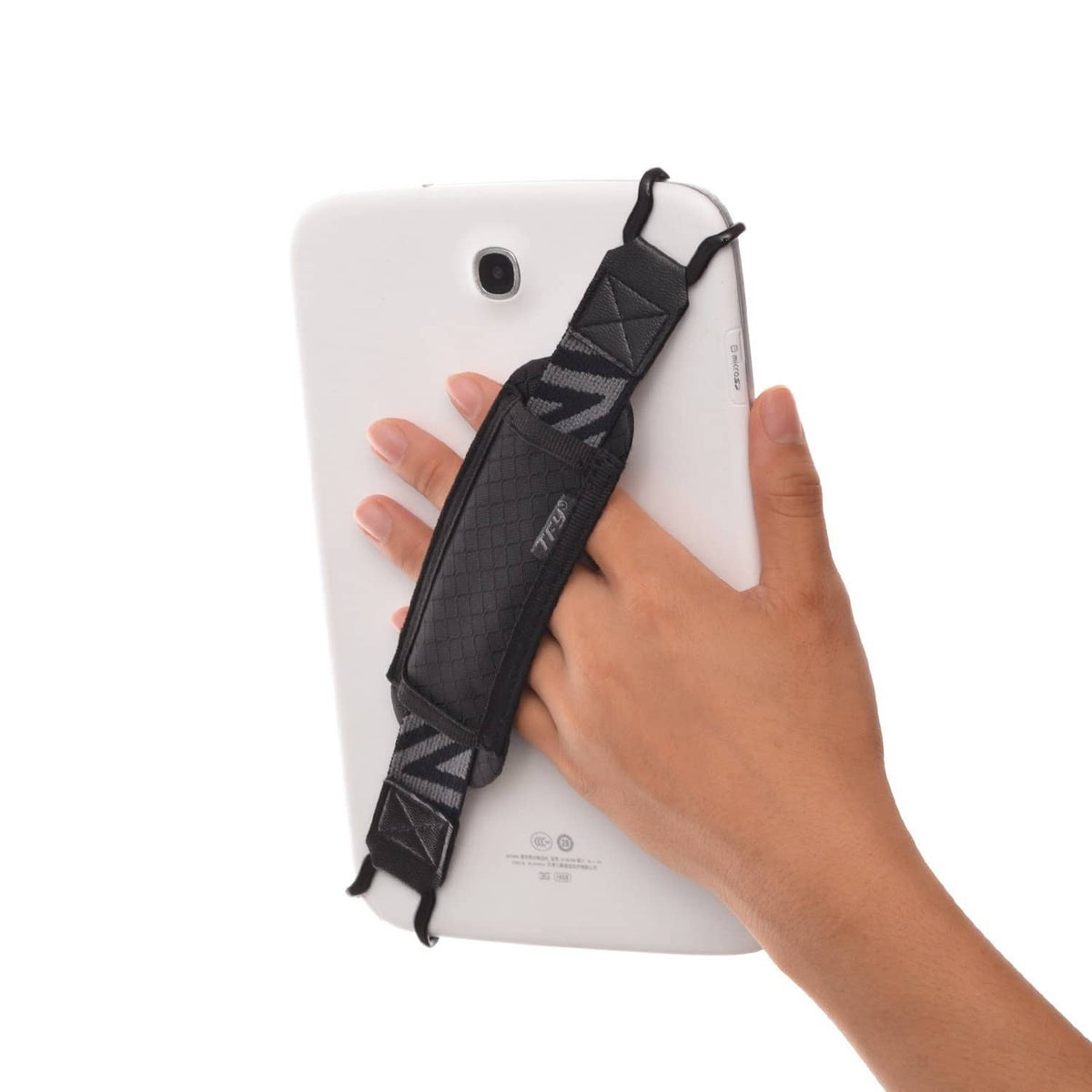 Tablet security hand strap holder on white tablet back with black carrying strap