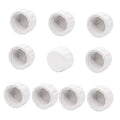 Set of white PVC female thread pipe plug adapters, multiple ridged caps