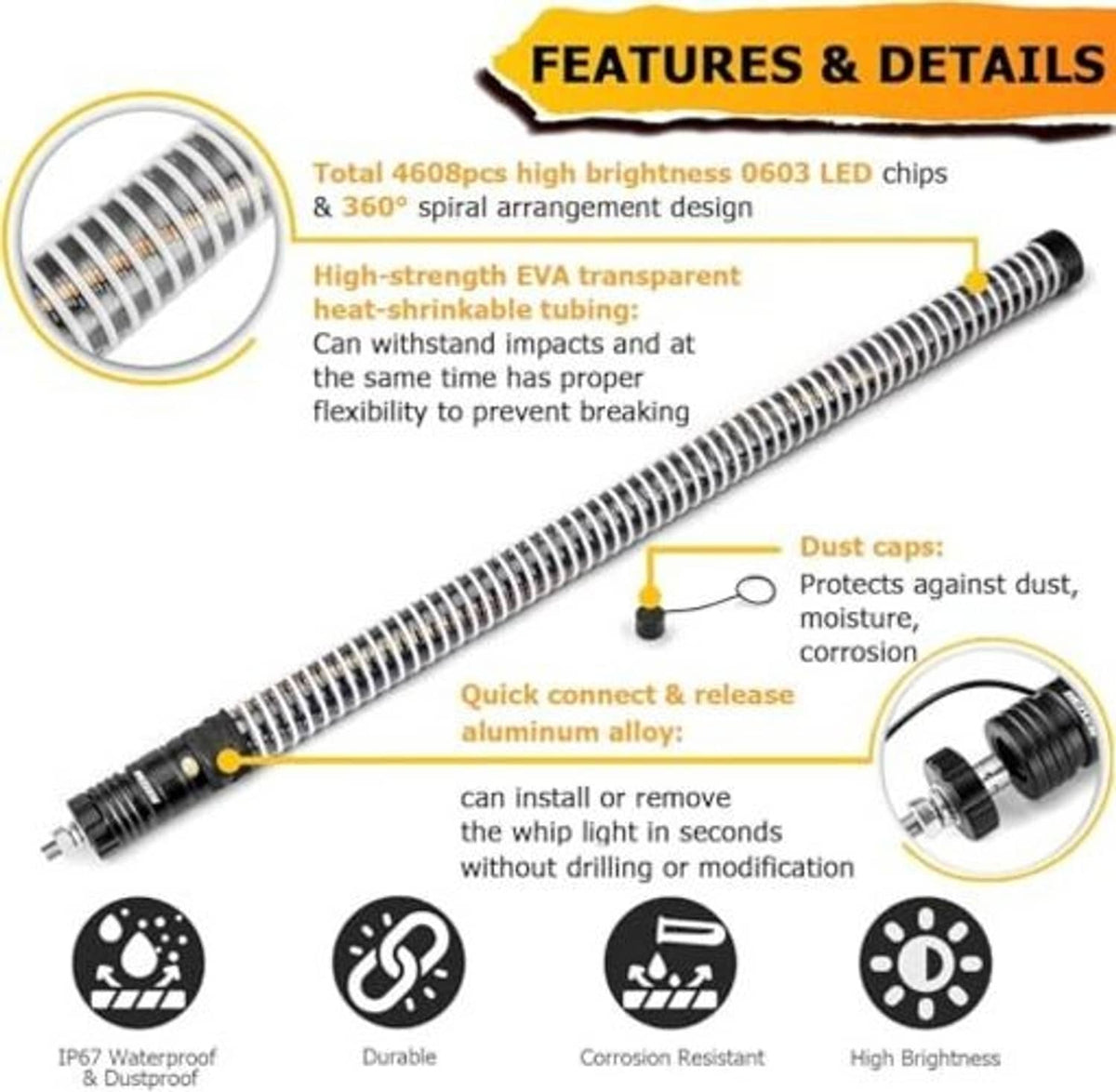 Spiral LED whip light detail view with dust caps, quick-connect design, and durability icons