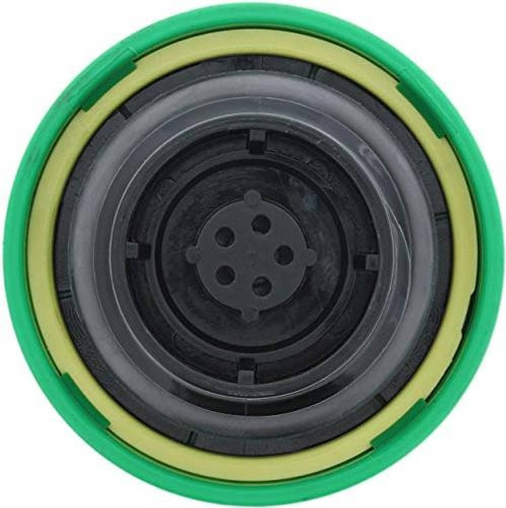 Green fuel tank cap with black inner seal and circular four-pin connector