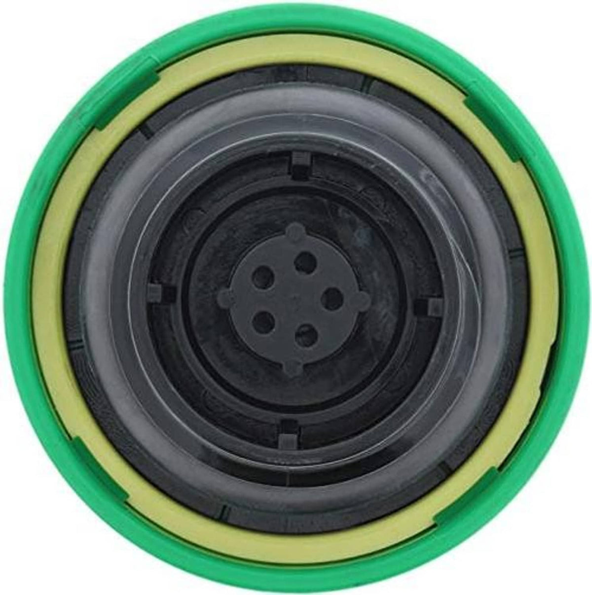 Green fuel tank cap with black inner seal and circular four-pin connector