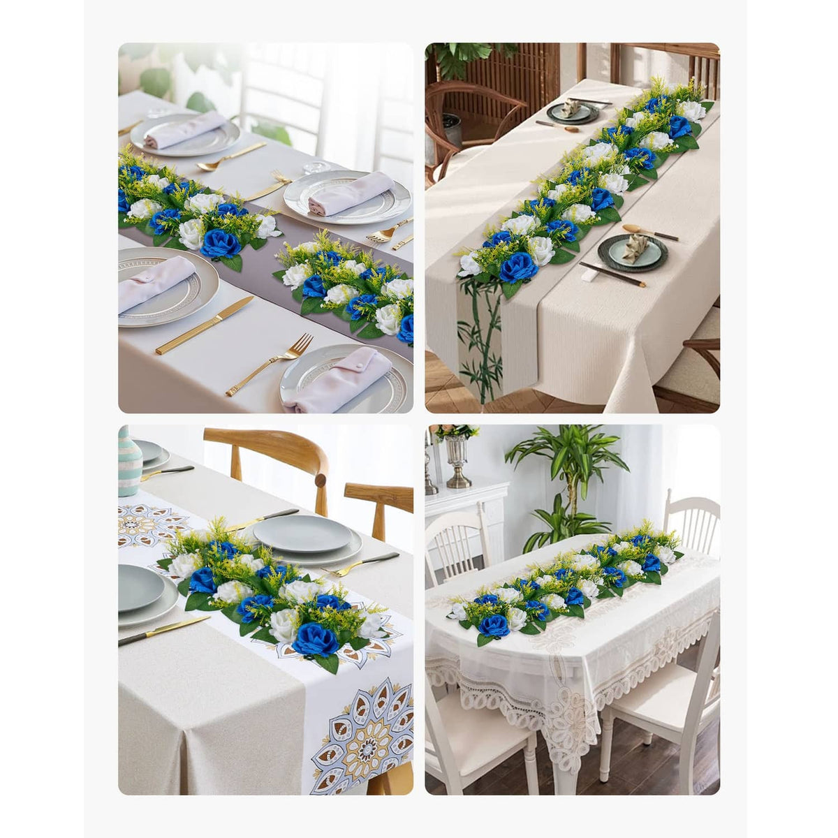 Blue and white artificial table runner flower garlands with rose blooms and green foliage