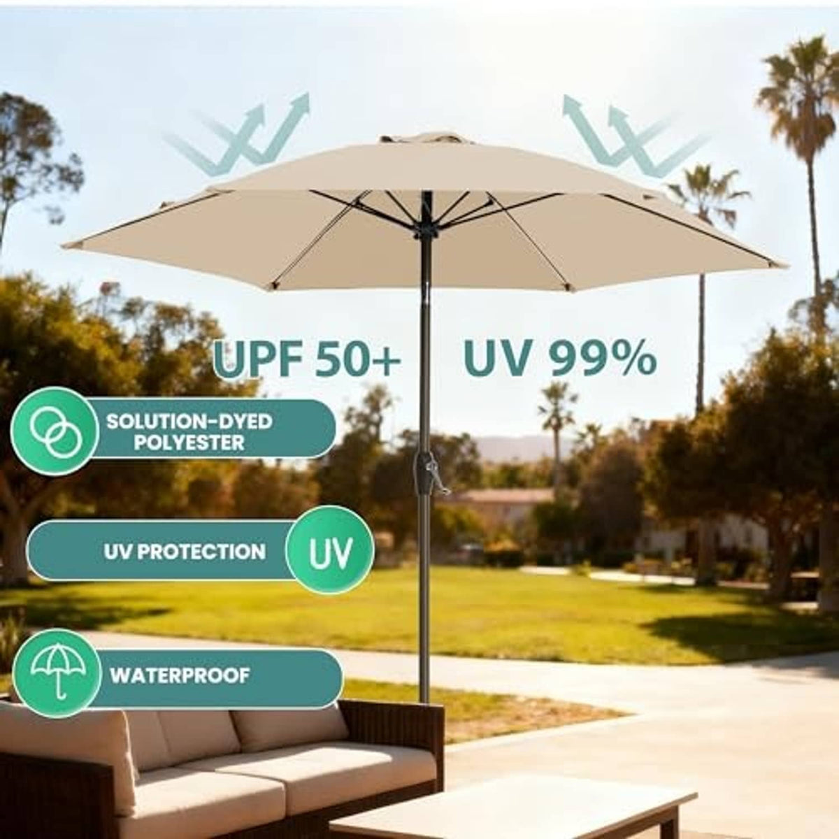 Beige patio market umbrella with open canopy and UV protection style design