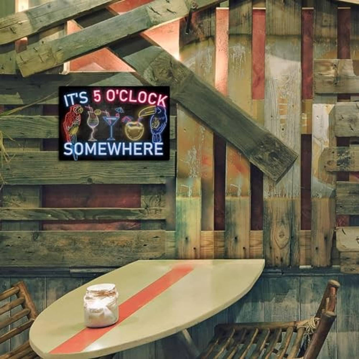 Neon metal tin sign with 'IT'S 5 O'CLOCK SOMEWHERE' text and cocktail drink icons