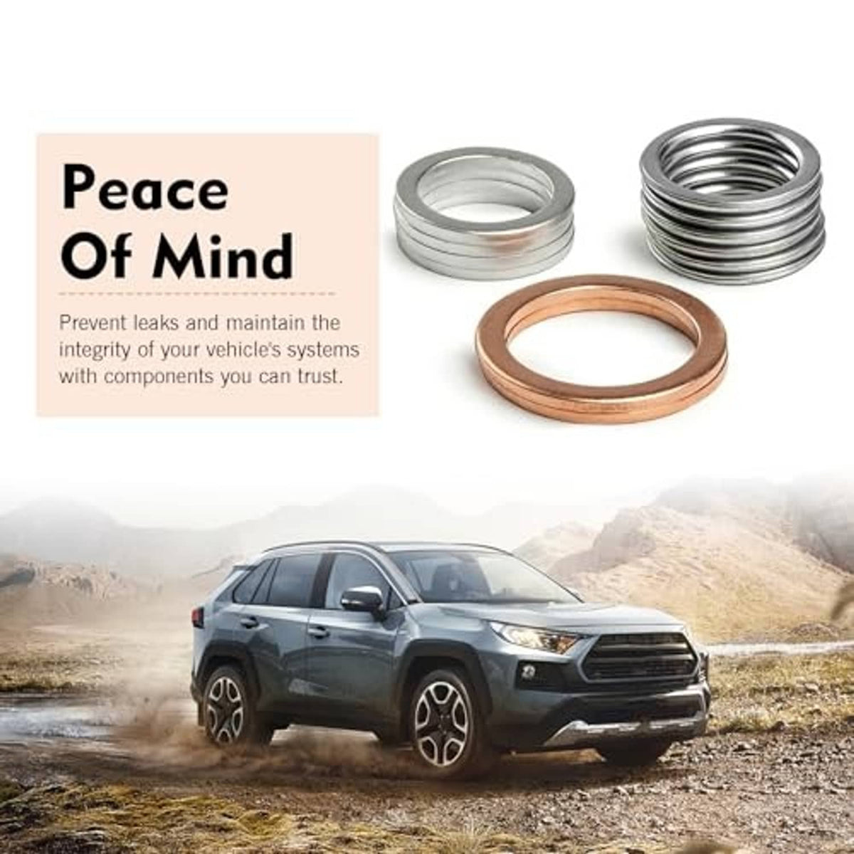 Set of silver metal and copper sealing gasket rings, stacked for replacement