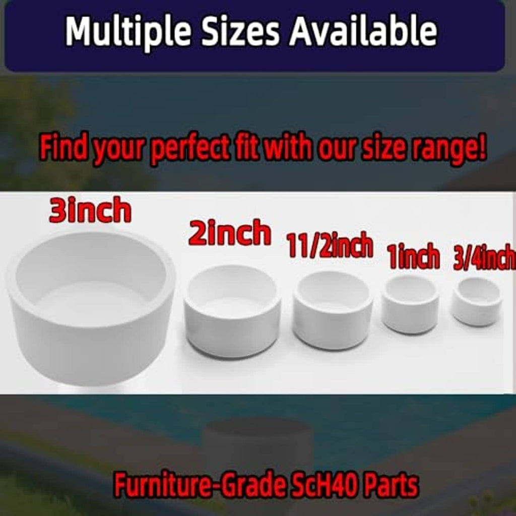 Assorted PVC pipe end caps in multiple sizes, including 3/4-inch, Schedule 40