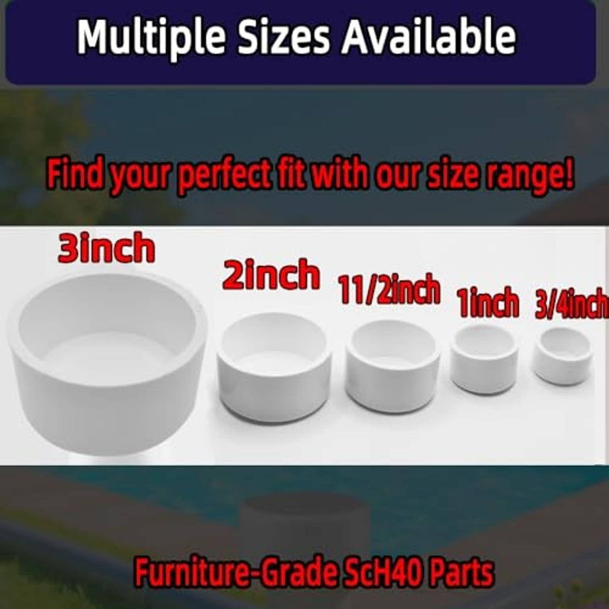 Assorted PVC pipe end caps in multiple sizes, including 3/4-inch, Schedule 40