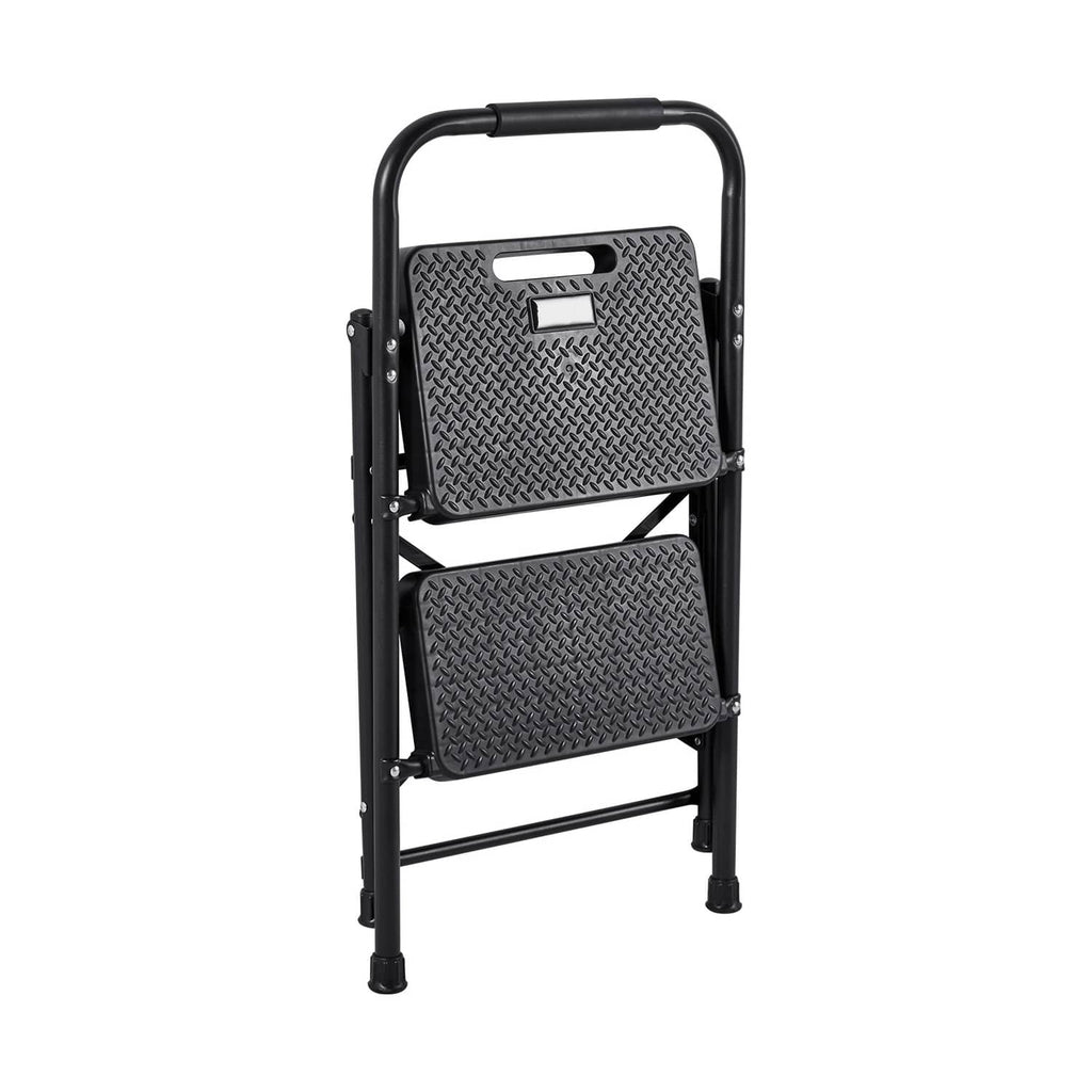 2-step ladder with two textured non-slip platforms and top handrail, front view