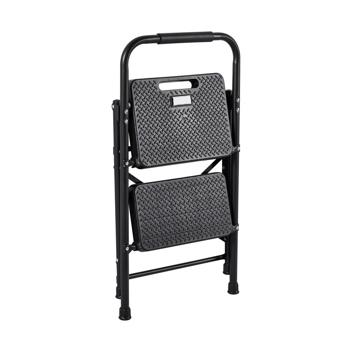 2-step ladder with two textured non-slip platforms and top handrail, front view