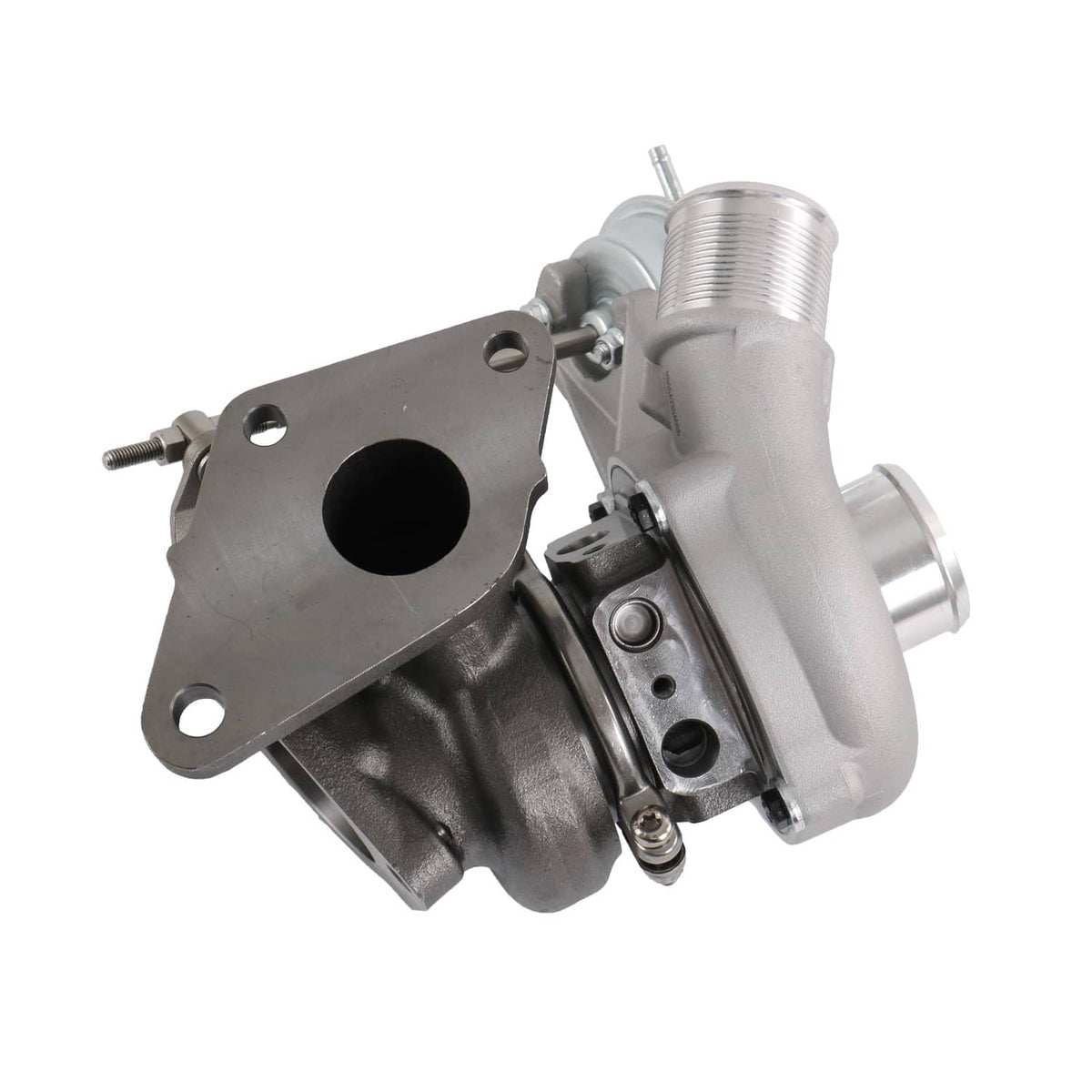 Left turbocharger with mounting flange and silver intake and outlet ports