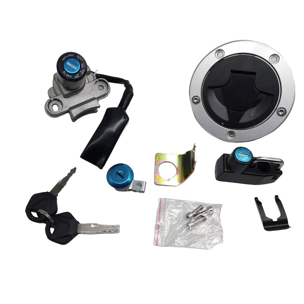 Fuel tank cap and ignition switch kit with keys, blue cap, and metal mounting parts