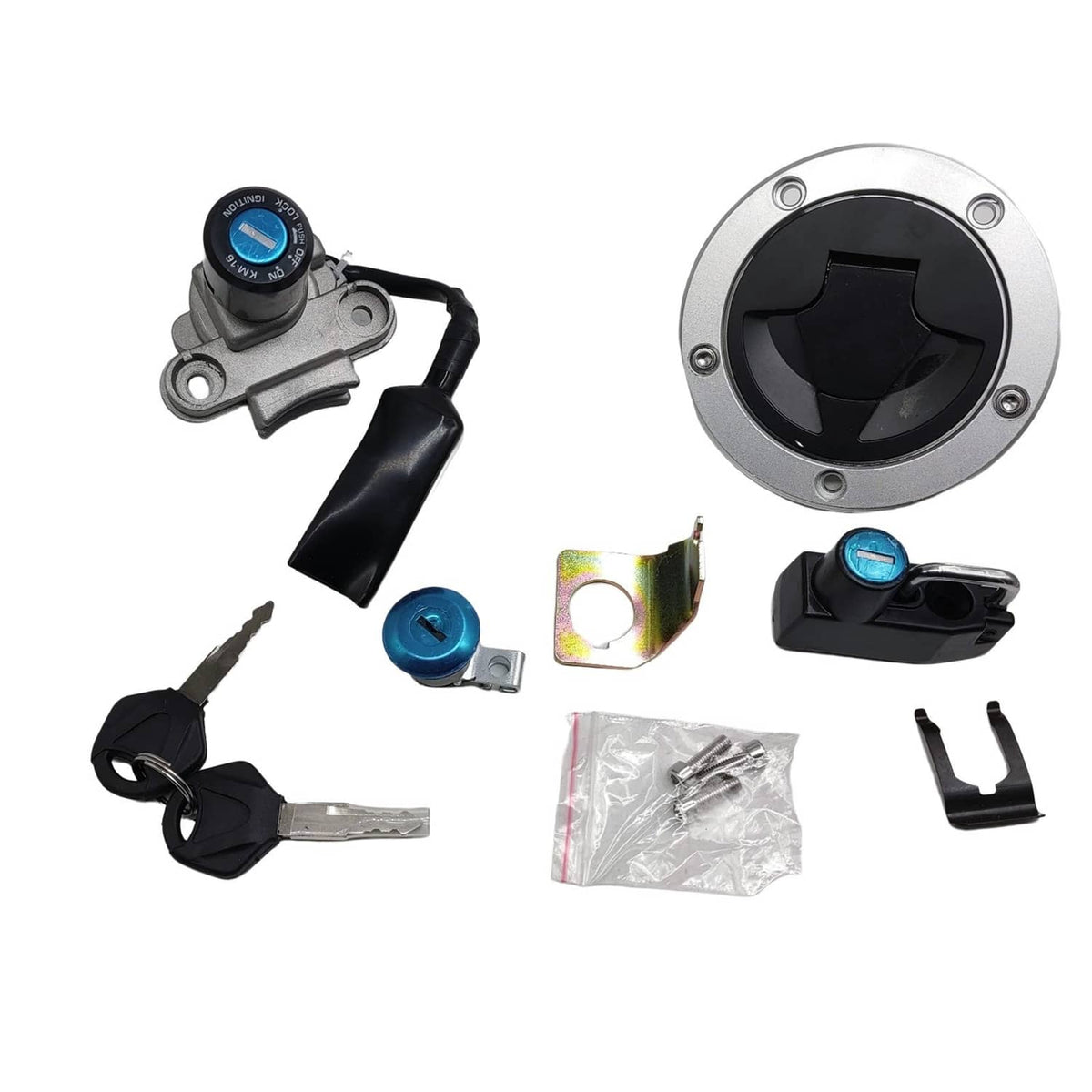 Fuel tank cap and ignition switch kit with keys, blue cap, and metal mounting parts