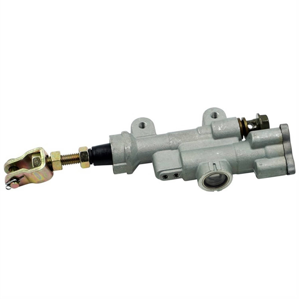 Rear brake master cylinder with gray body, black boot, and two gold tone hardware ends
