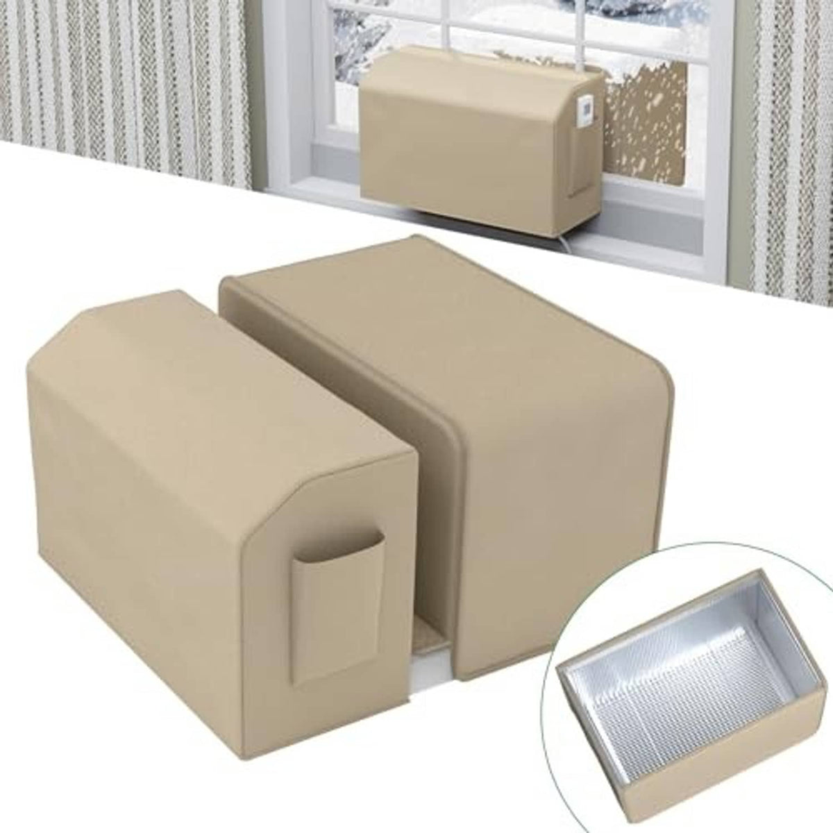 Beige U-shaped window AC cover set with front opening, two-piece fit.