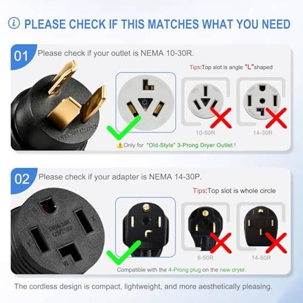 Dryer adapter plug converter with gold prongs and compatibility check graphic