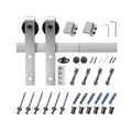 Silver sliding barn door hardware kit components: brackets, rollers, track and screws