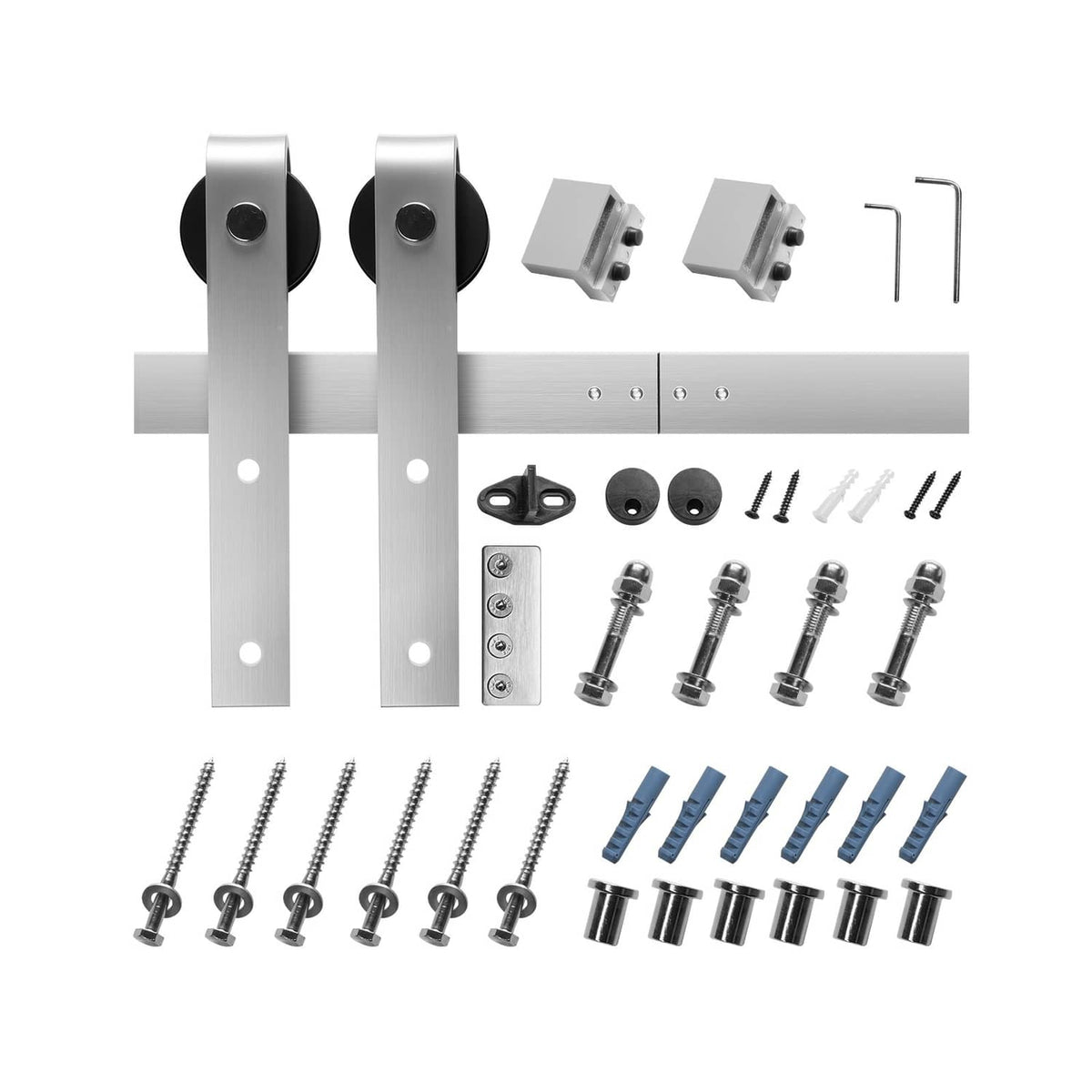 Silver sliding barn door hardware kit components: brackets, rollers, track and screws