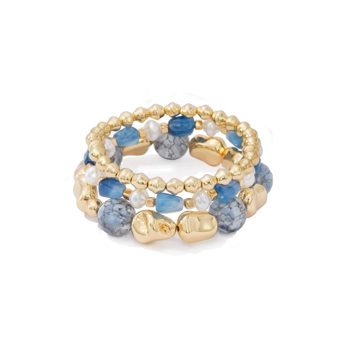 Set of 3 blue and gold beaded stretch bracelets with mixed bead charms