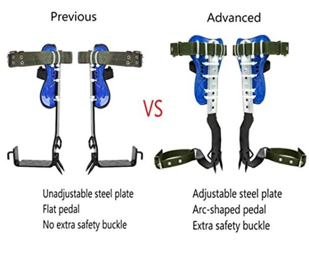 Tree climbing spikes harness belt comparison with adjustable arc-shaped steel plate and buckle