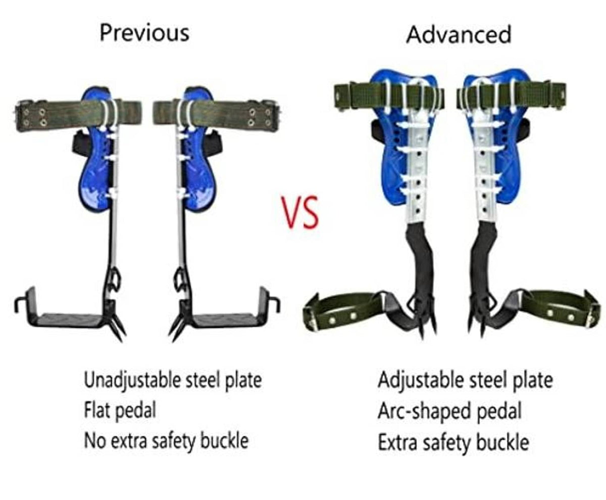 Tree climbing spikes harness belt comparison with adjustable arc-shaped steel plate and buckle
