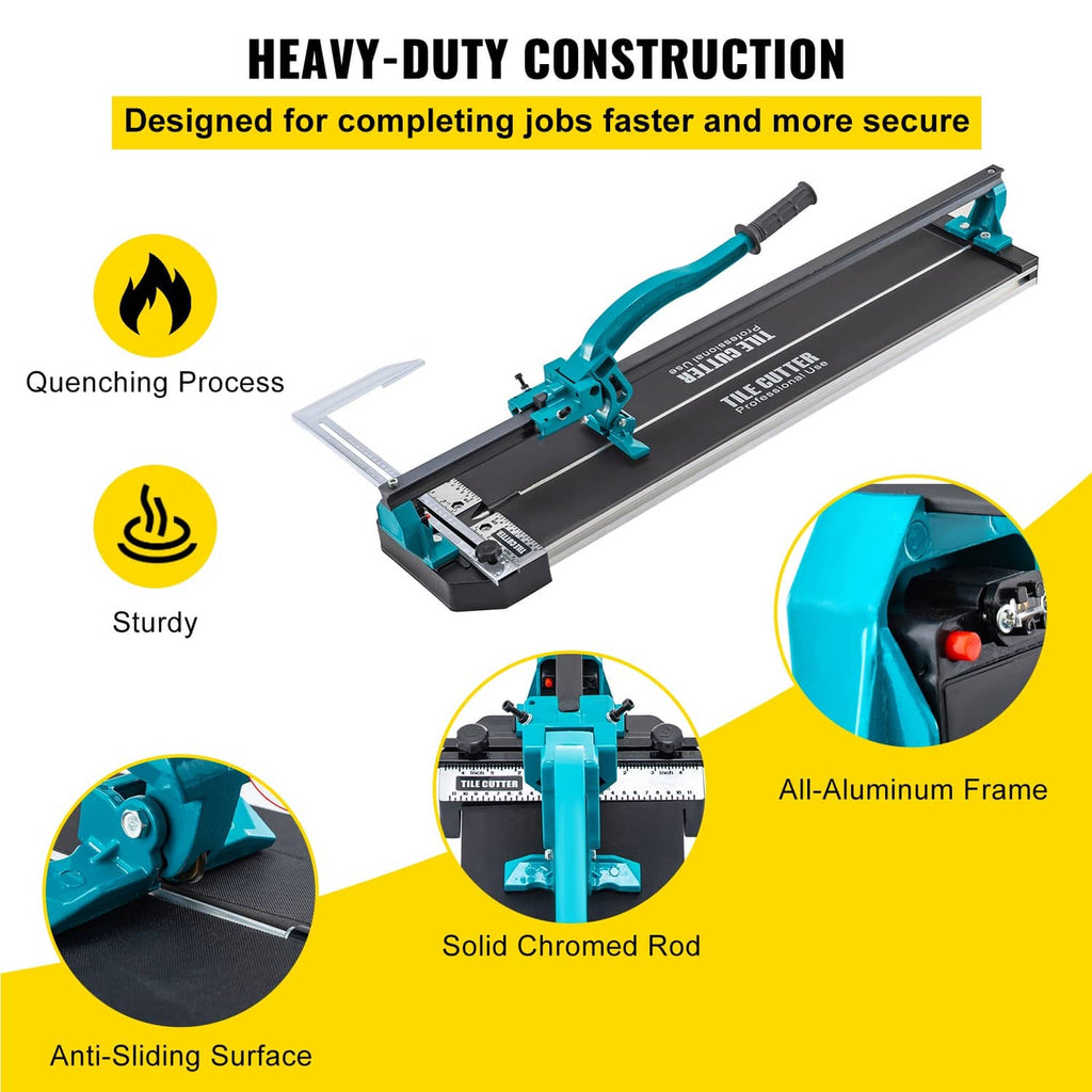 Heavy-duty tile cutter with teal frame, steel rails, and anti-slip base pads