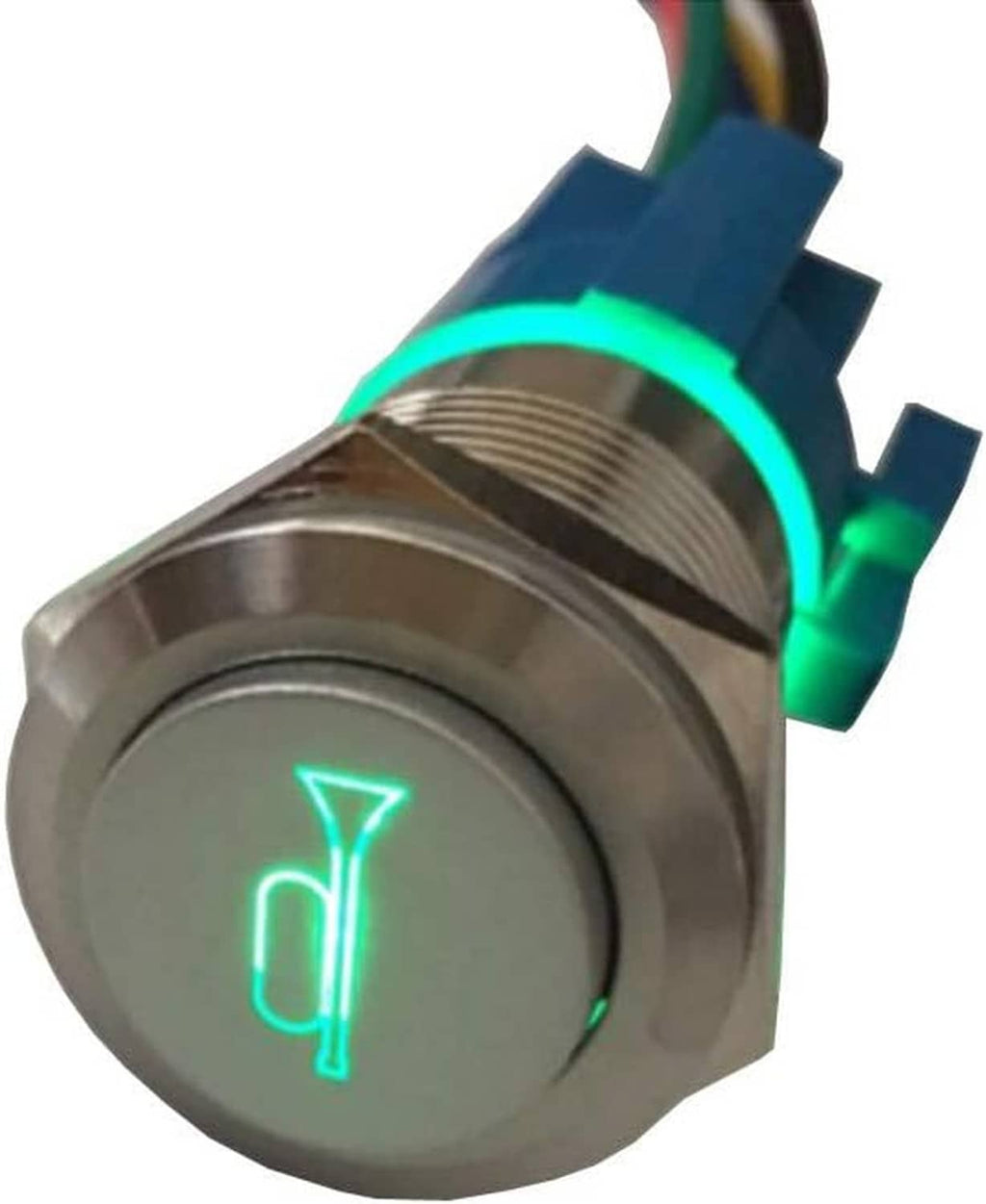 12V car LED horn push button switch close-up showing green horn icon on metal face