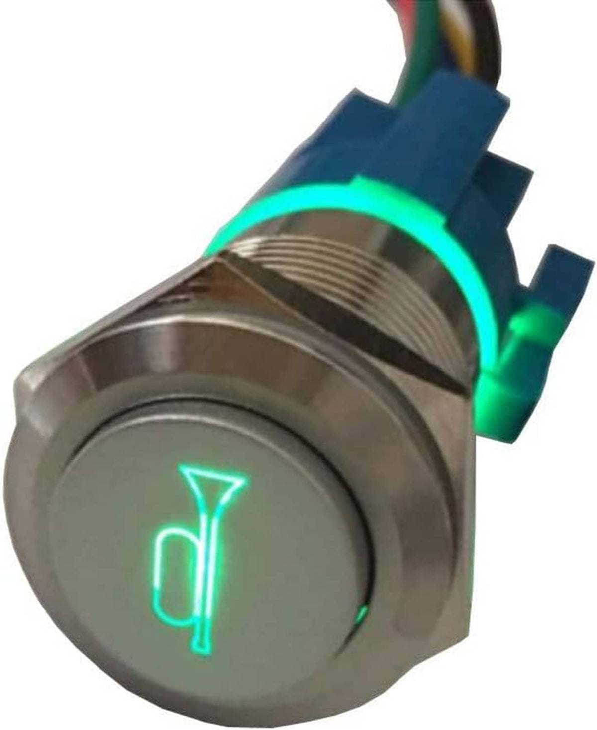 12V car LED horn push button switch close-up showing green horn icon on metal face