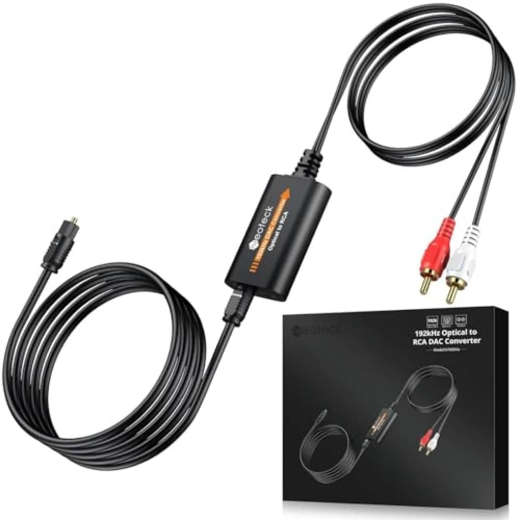 Neoteck optical-to-RCA DAC converter with two black audio cables and interface box