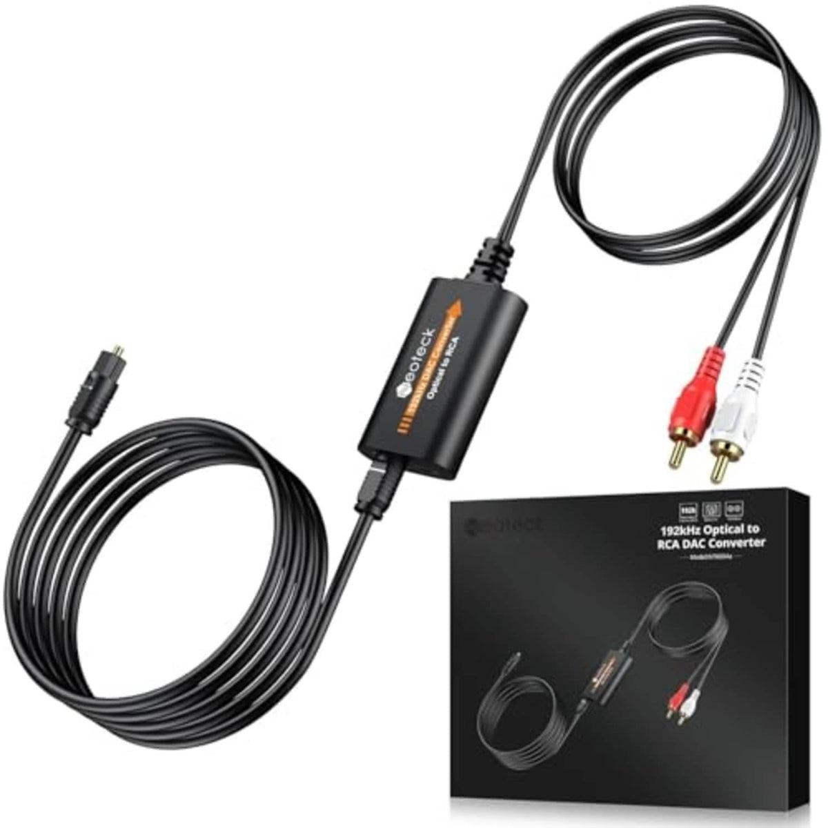 Neoteck optical-to-RCA DAC converter with two black audio cables and interface box