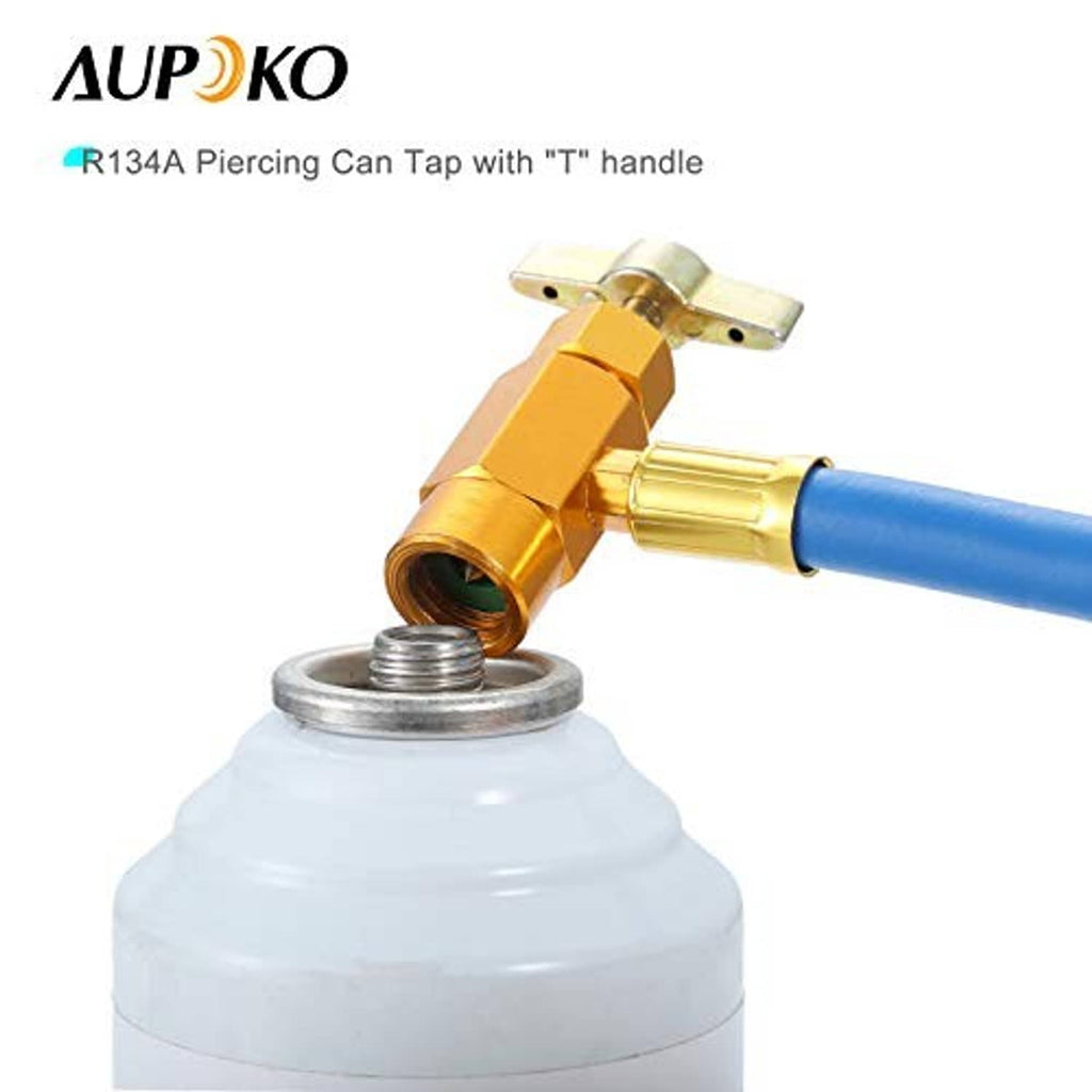 Brass piercing can tap with T-handle and blue refrigerant hose connection