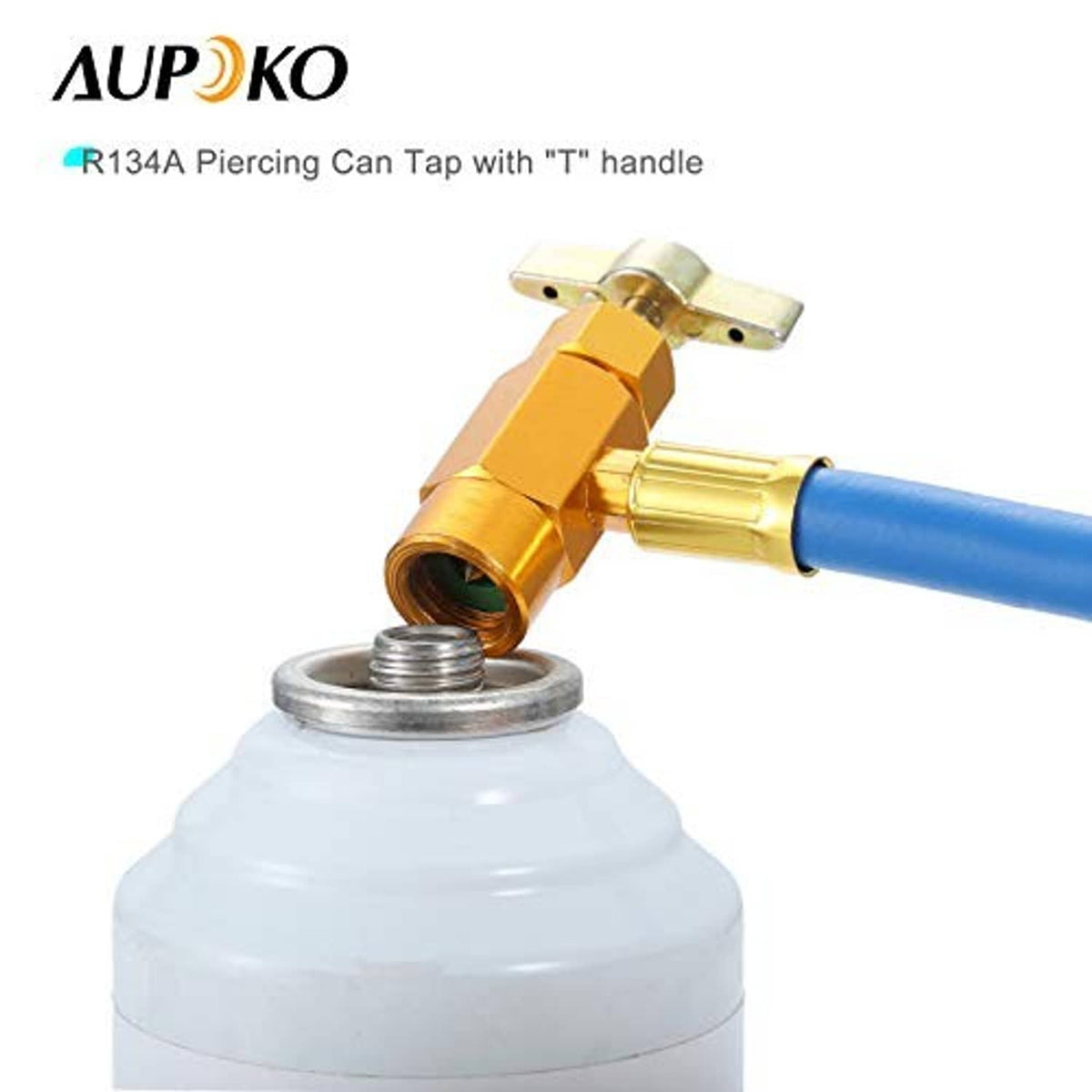 Brass piercing can tap with T-handle and blue refrigerant hose connection