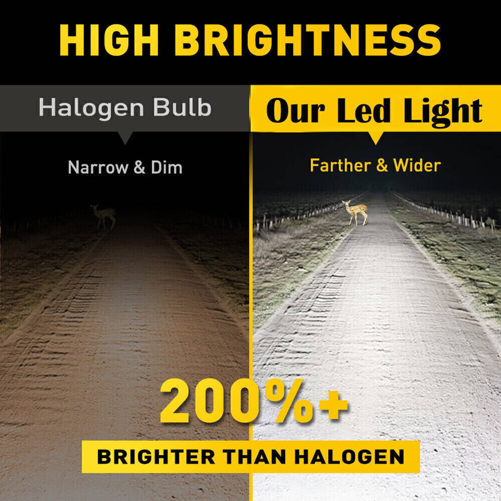 LED headlight beam comparison on road with bright white wider light spread