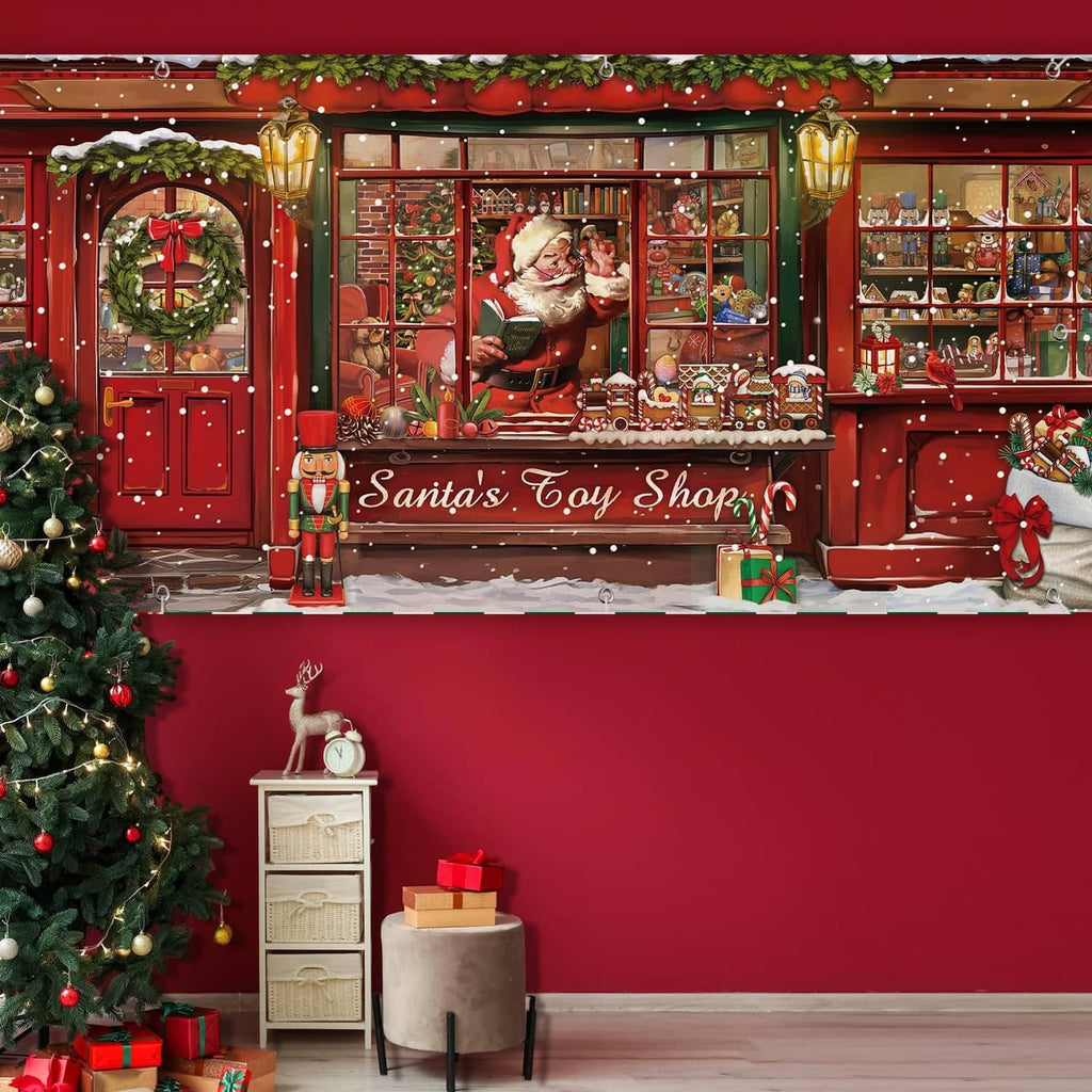 Toy shop center panel banner with nutcracker figure, storefront windows, and holiday lanterns