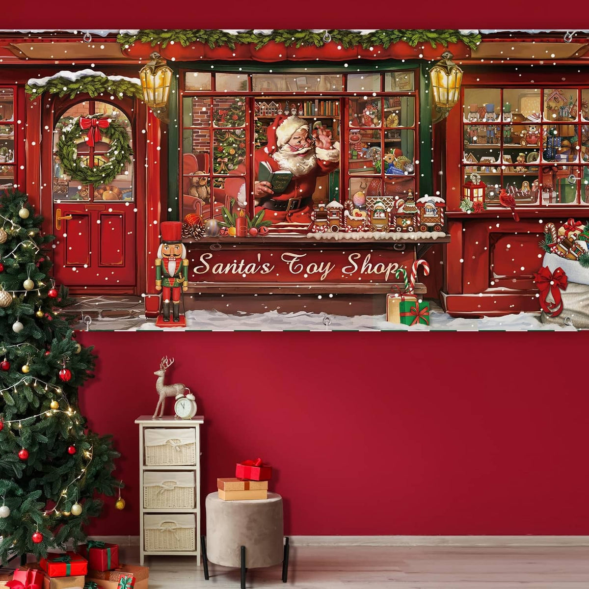 Toy shop center panel banner with nutcracker figure, storefront windows, and holiday lanterns