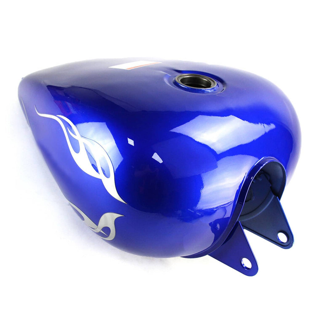 Blue motorcycle fuel tank with white flame-style graphics and fuel cap opening