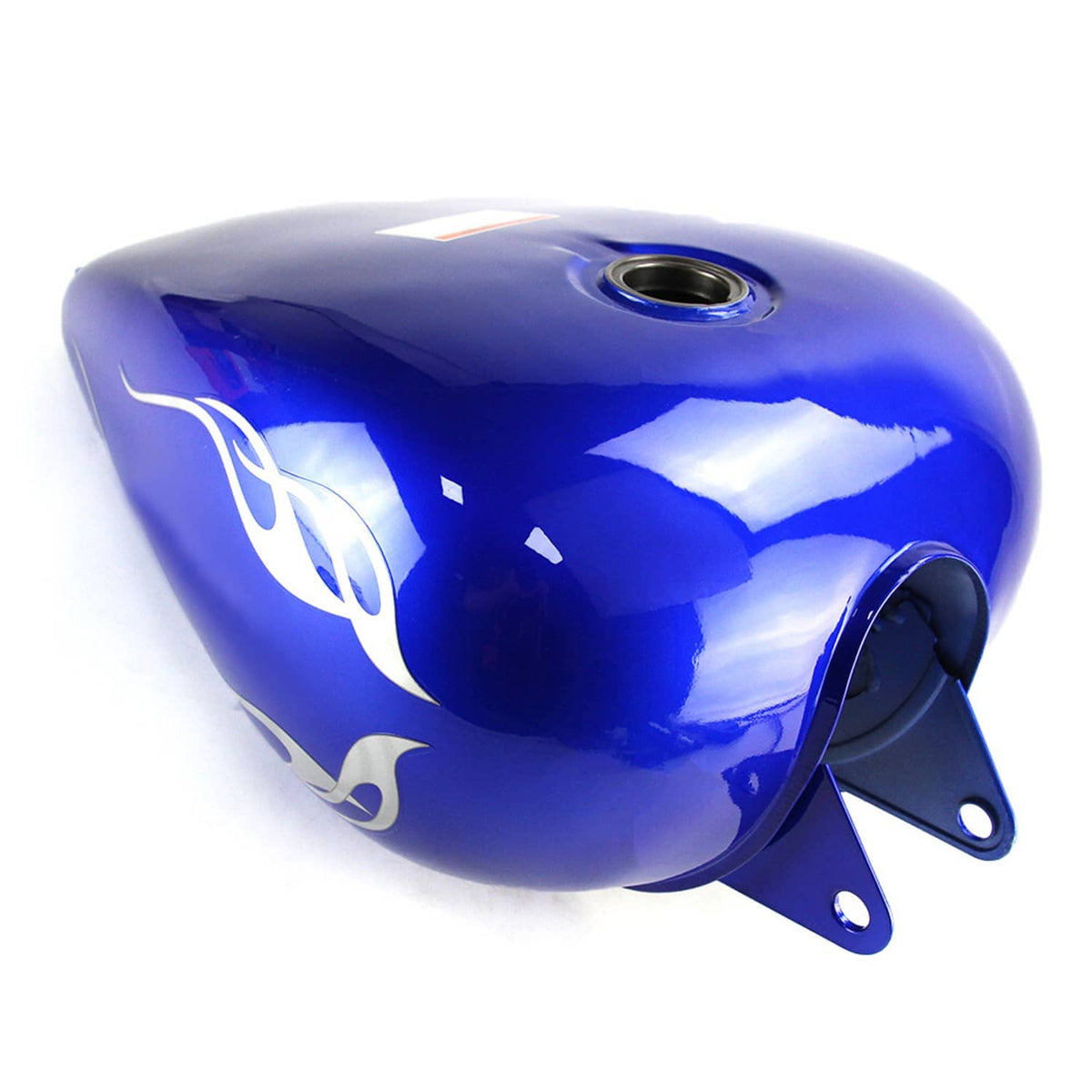 Blue motorcycle fuel tank with white flame-style graphics and fuel cap opening