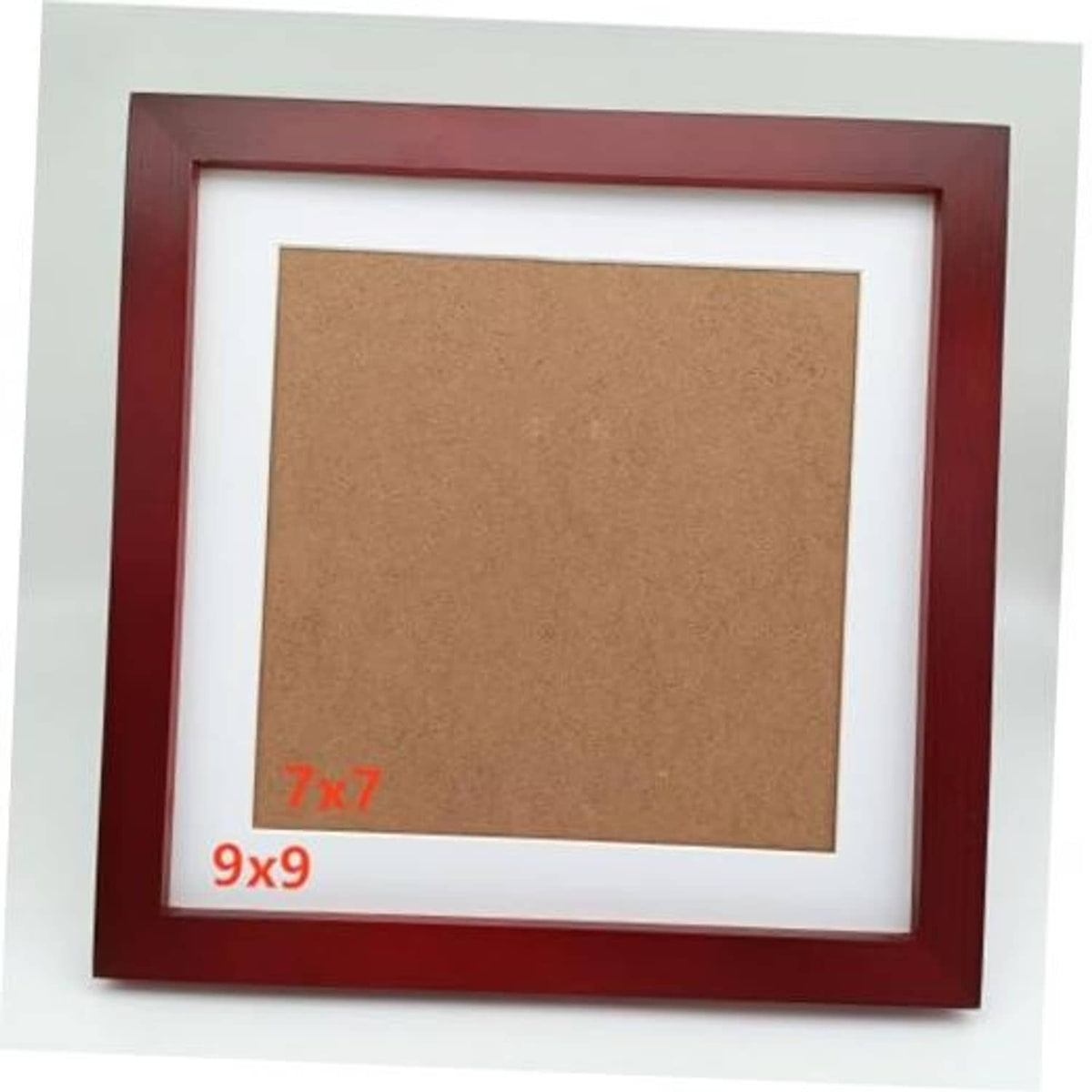 Red solid wood picture frame with white mat, 9x9 opening, clear plastic panel