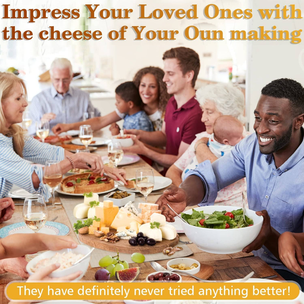 Family dinner table with assorted cheeses, fruits, and grapes for home cheese making