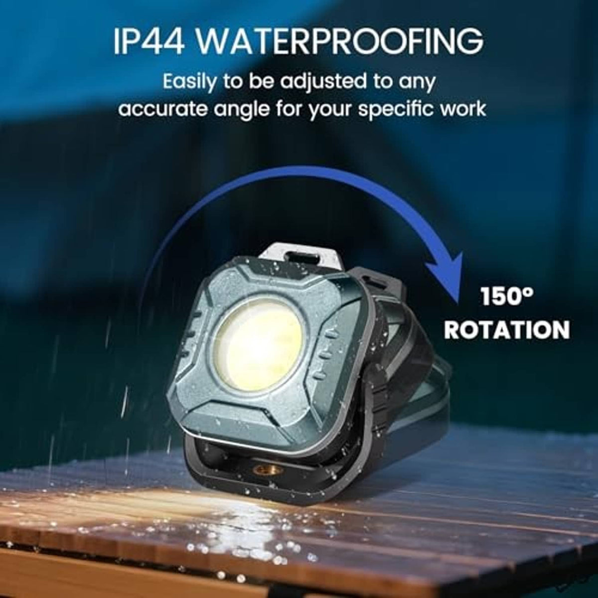 Magnetic work light with yellow LED rotating 150° on a wet wooden surface