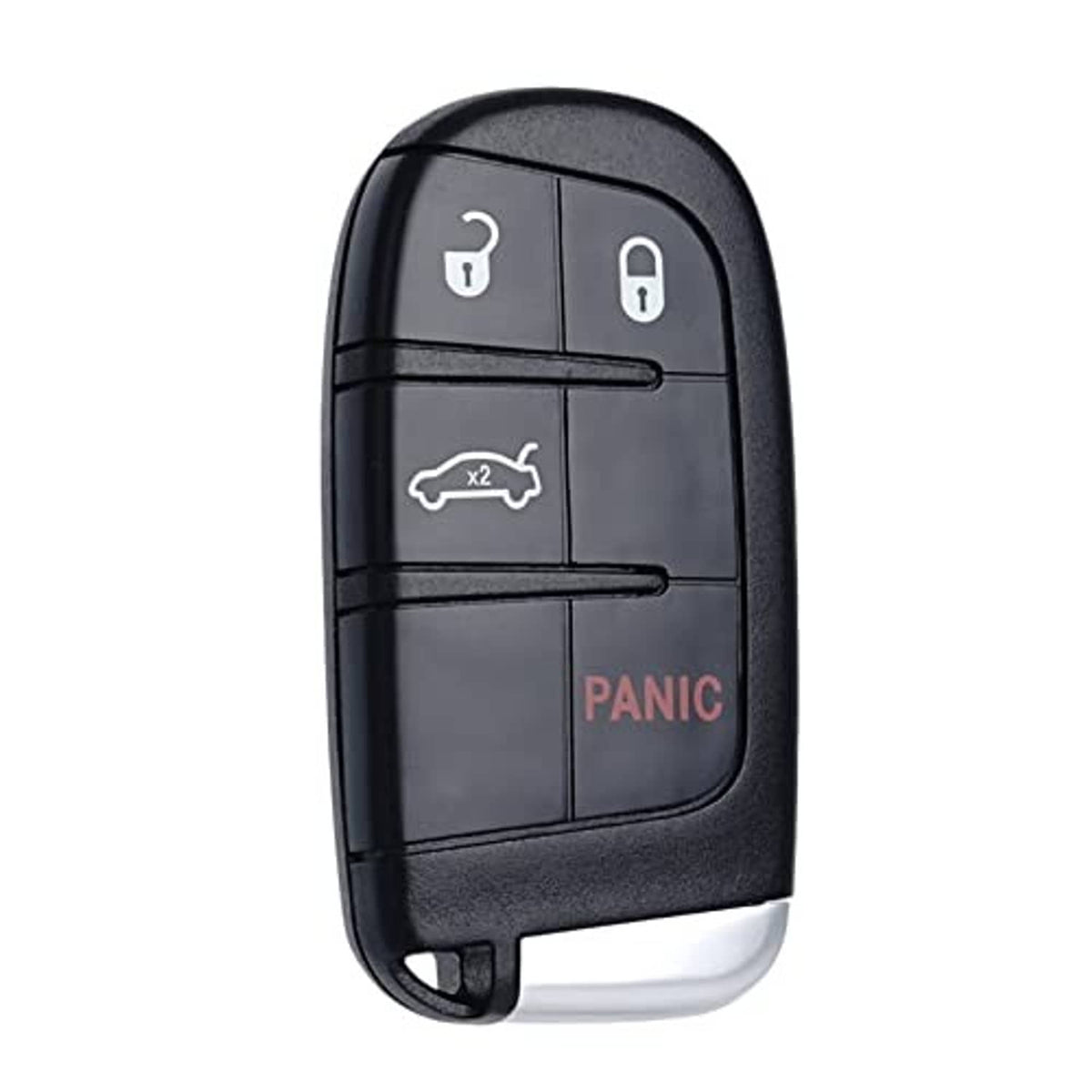 Black 4-button smart key fob with lock, unlock, trunk, and red PANIC icon.