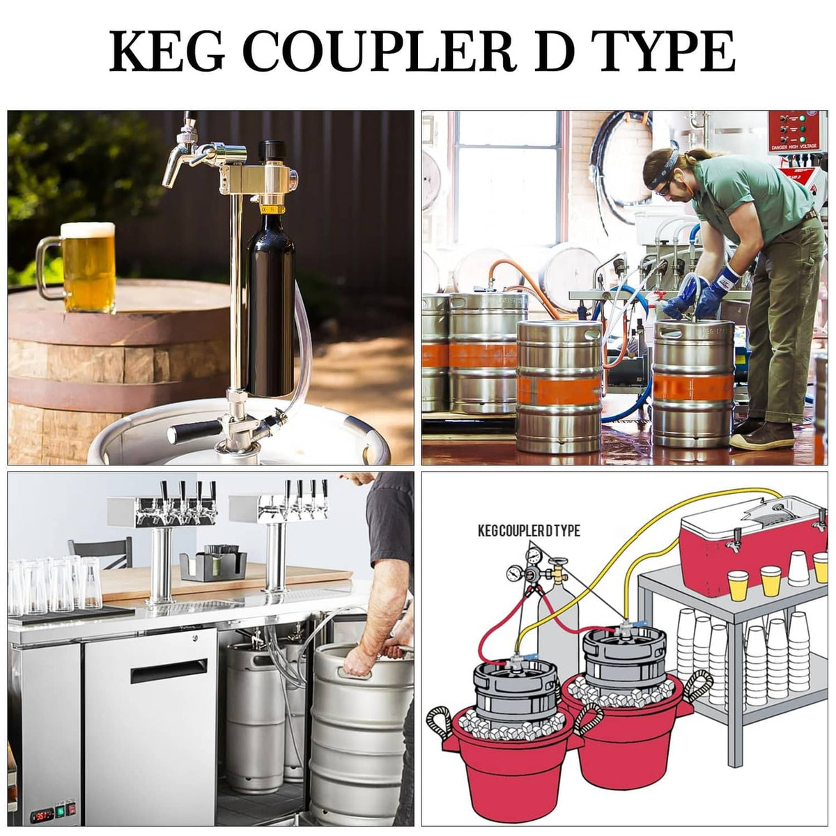 Keg coupler D type system with stainless body and black probe for keg dispensing