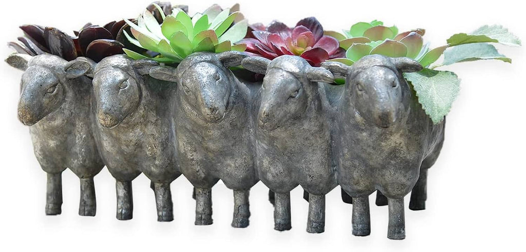 Dark gray resin sheep planter pot with a row of sheep figures