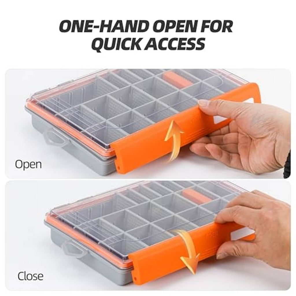 Orange fishing tackle box with one-hand open latch, gray divided tray under clear lid