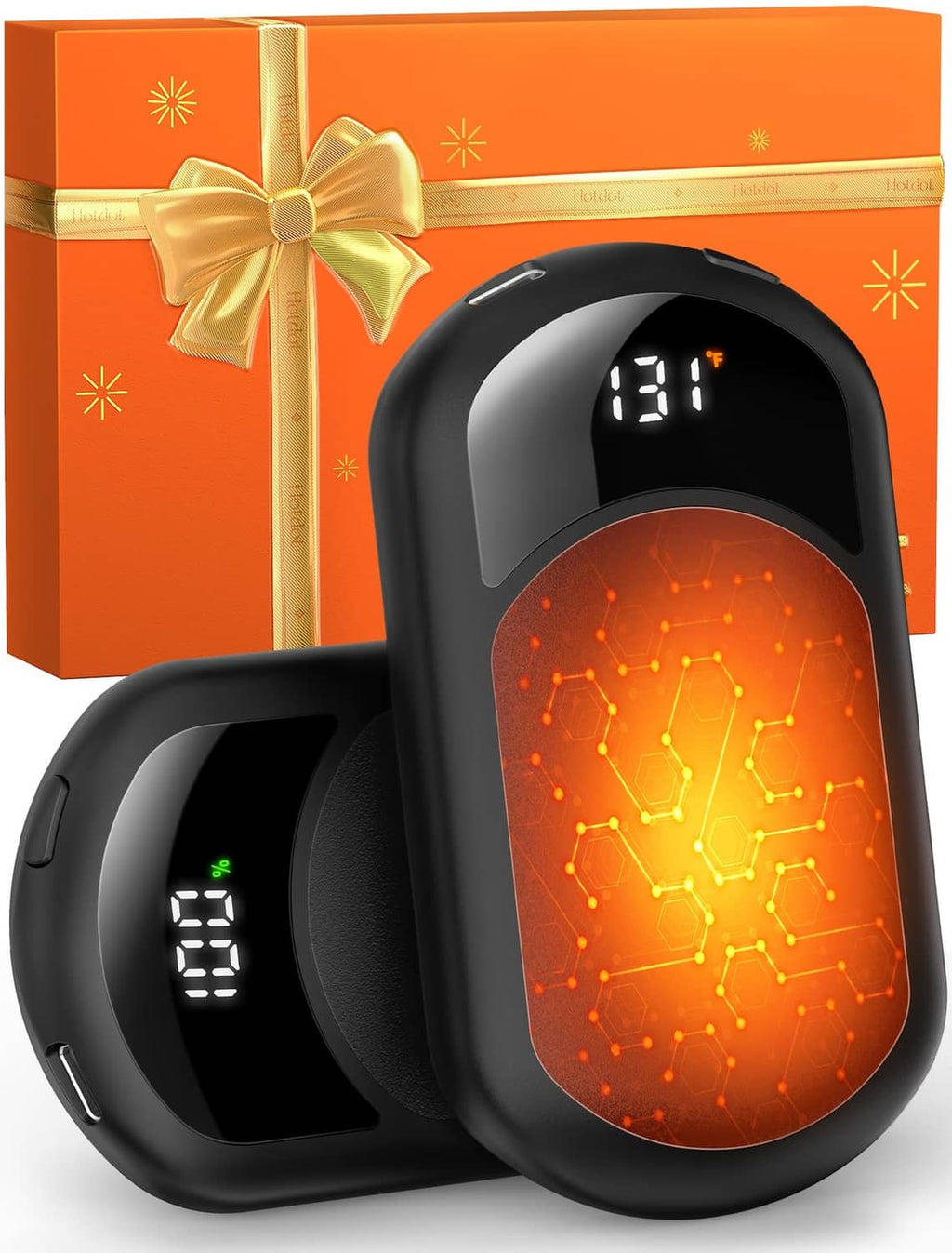 Rechargeable black hand warmers with LED temperature display, pair of two