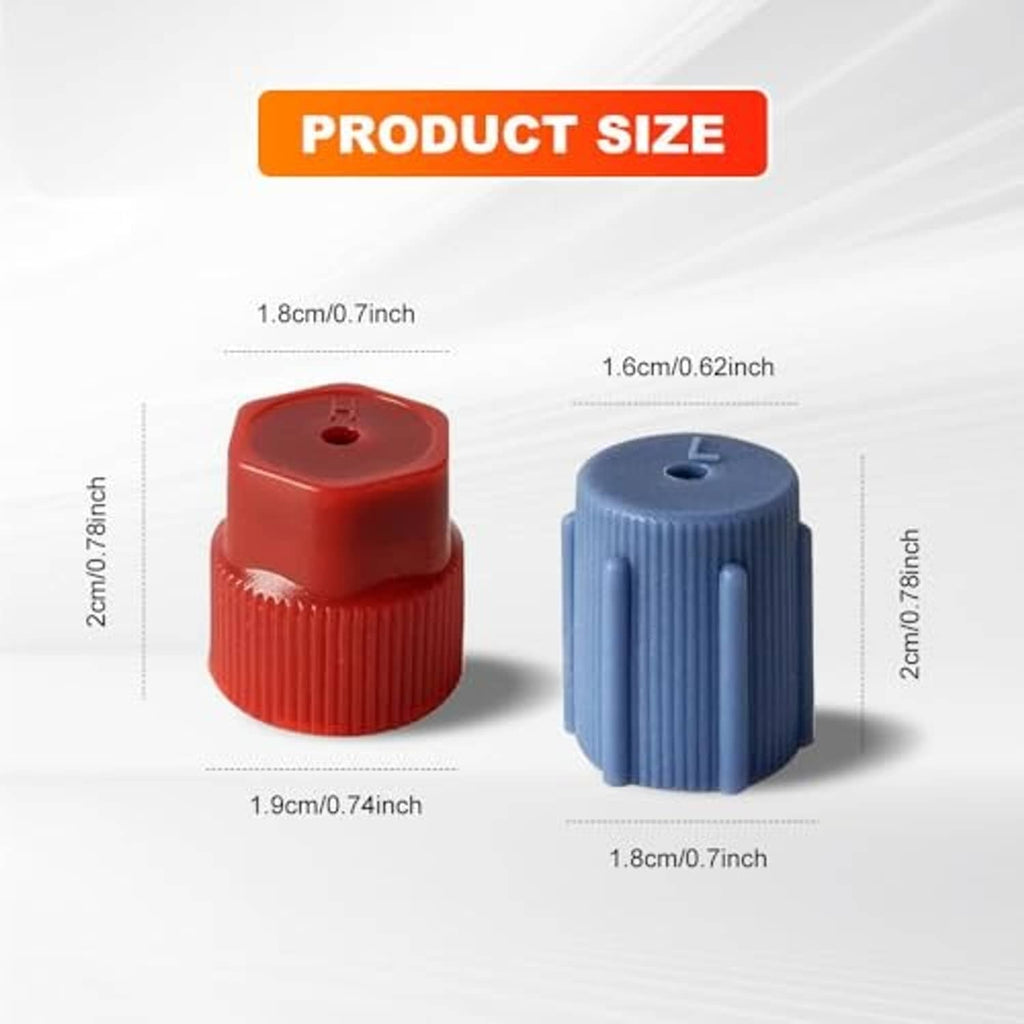 Red and blue ribbed plastic air conditioning service port caps, each with a center hole.