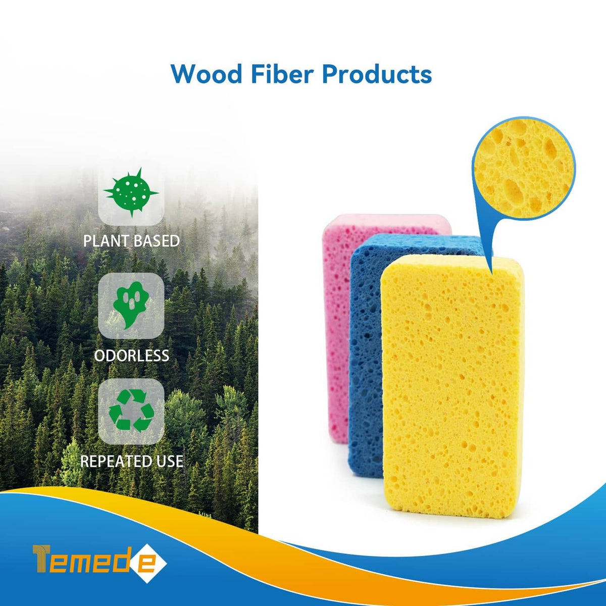 Multi-color rectangular cellulose scrubbers in pink, blue, and yellow thick porous foam.